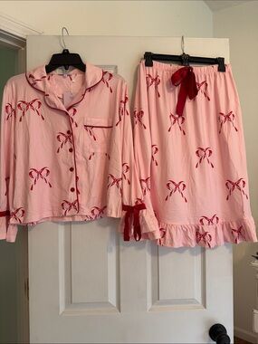 Women's Pink Candy-Cane Print Pajama Skirt Set with Red Trim